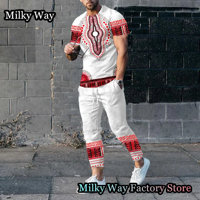 Men T-Shirt Trousers Set Summer Vintage Tracksuit Male Outfit 2 Pieces Casual Streetwear Suit African Totem Printing Clothing