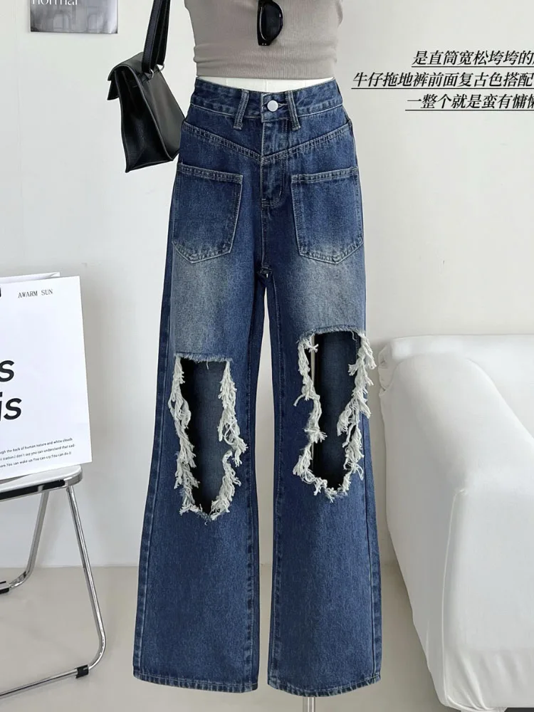 

Y2K Vintage Street Ripped Jeans Femme High Waists Wide Leg Jeans Comfort Fashion Denim Pants Women Pant