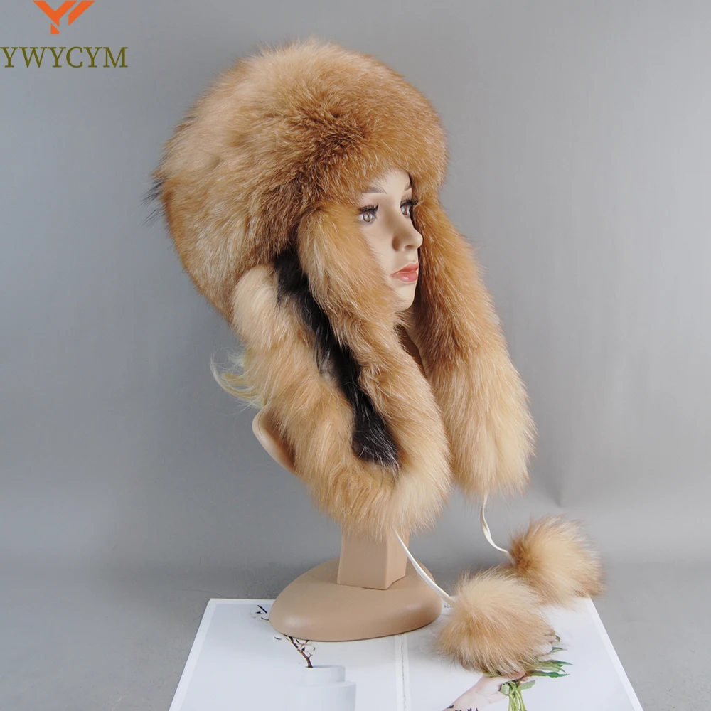Bonnets Trapper Cap Solid Fox Hat Wholesale Winter Fur Hat for Women Hat with Ear Real Fox Fur Caps Russian Women Bomber Hats