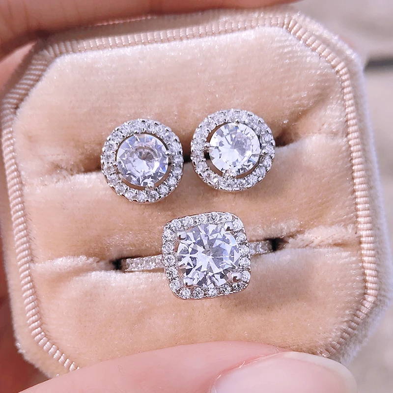 

UILZ Gorgeous Silver Color Bride Round Cz Jewelry Set Elegant Zircon Engagement Finger Ring Stud Earring for Wedding