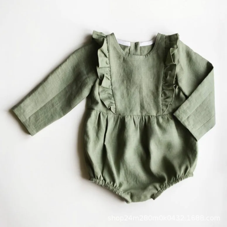 

Long-sleeved solid color cotton and linen newborn romper flying-sleeve baby jumpsuit children's romper