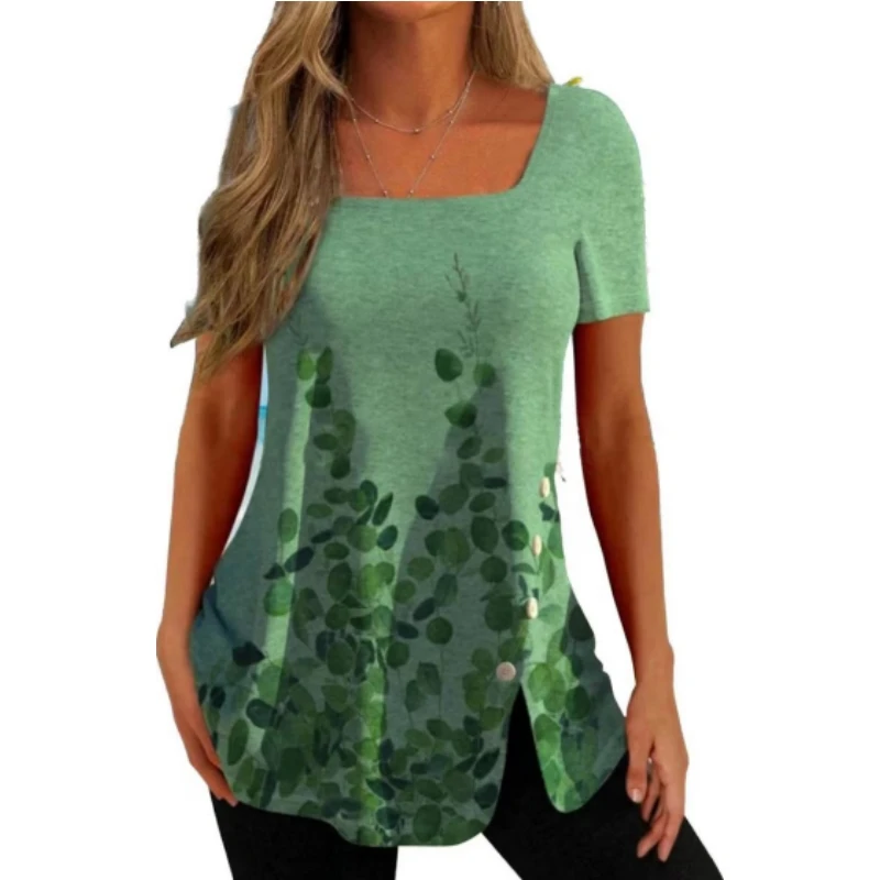 

Plus Size Women's T-Shirt Fashion Flower Short Sleeve Tee Loose Casual Female Clothing Street Square Collar Summer Ladies Tops