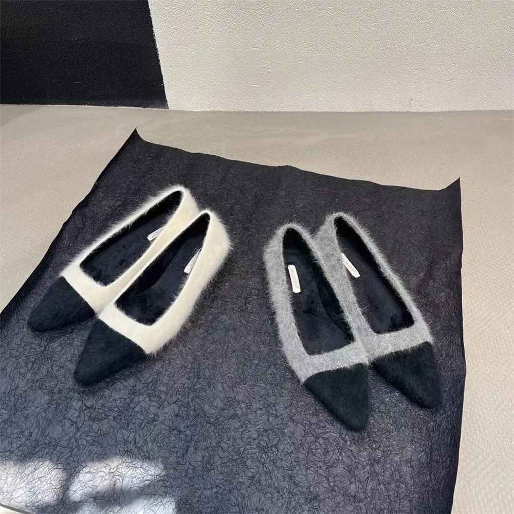 

Pointed Toe Women Flats Fashion Fur Shallow Slip On Flat Heeled Mixed Color Ballet Loafers Dress Shoes Woman Casual Walk Shoes