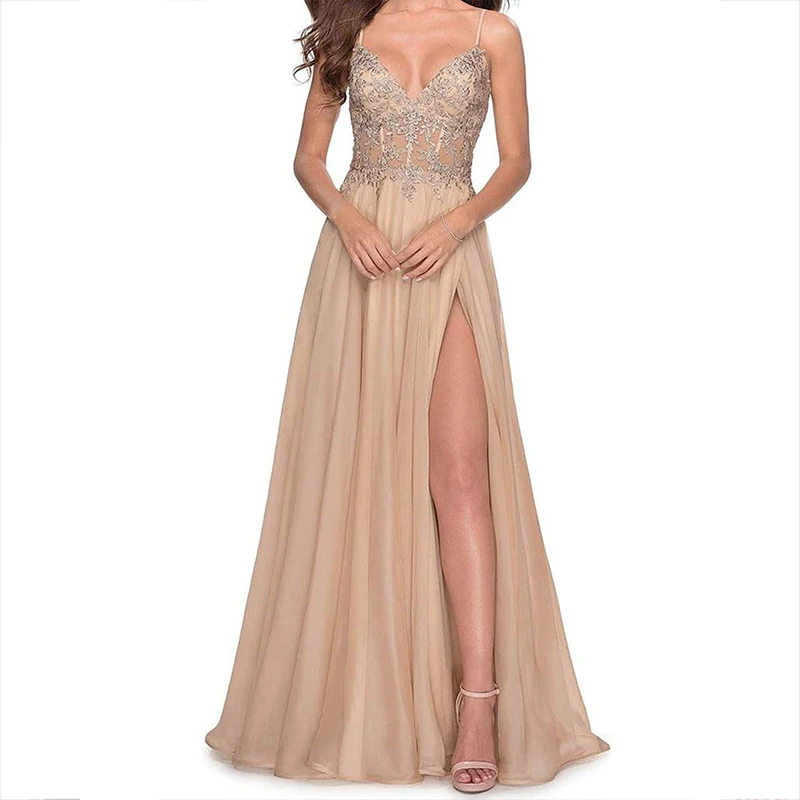 

Женское шифоновое платье с аппликацией, Длинные вечерние платья до пола с V-образным вырезом, на бретелях-спагетти, с оборками и разрезом сбоку
