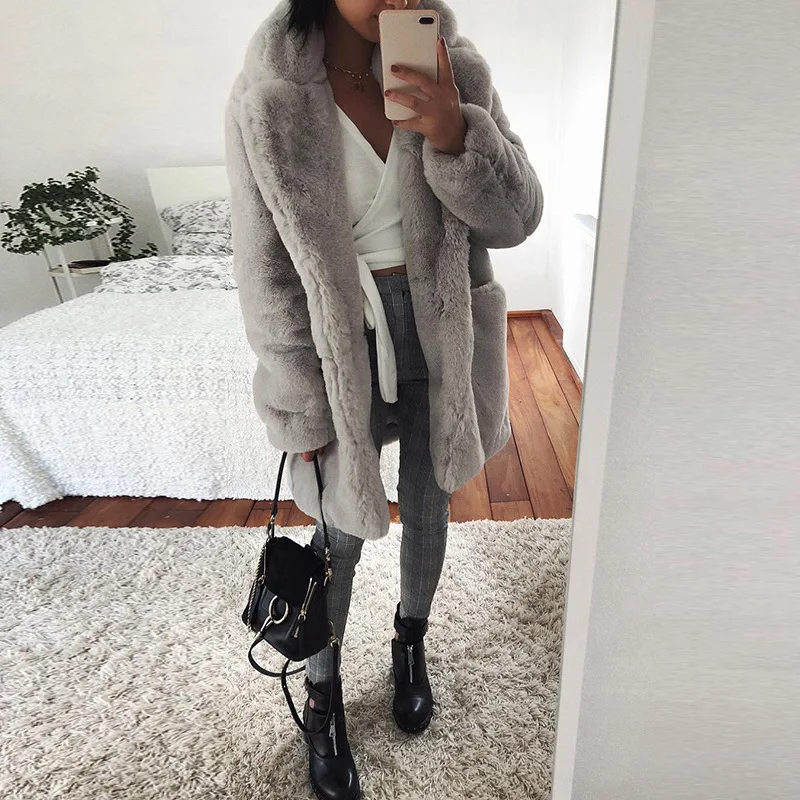 Winter Lapel Mid Length Fur Coat for Women Solid Fashion Casual Rabbit Fur Warm Coat for Women