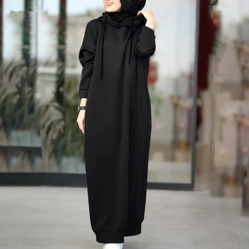 Muslim Long Sleeve Hoodie Solid Color Casual Loose Pocket Maxi Dress Female Fashion Long Sweatshirt Vestidos Robe