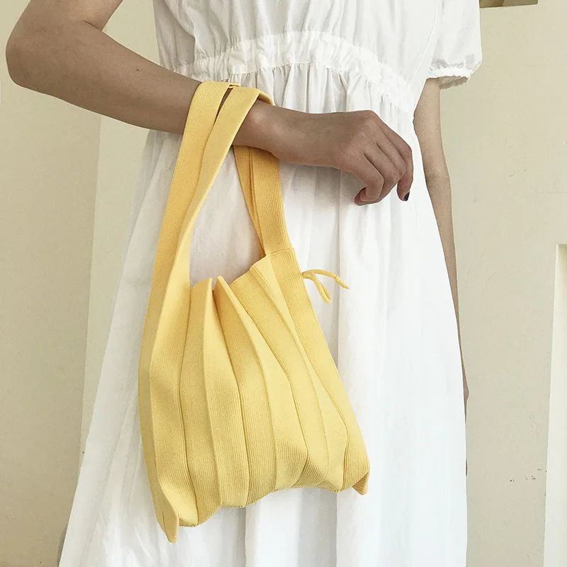 Candy Color Foldable Strapped Tote Bag for Women 2023 Wool Knitted Pleats Handbag Fashion Shoulder Shopper Bag Bolsa Feminina