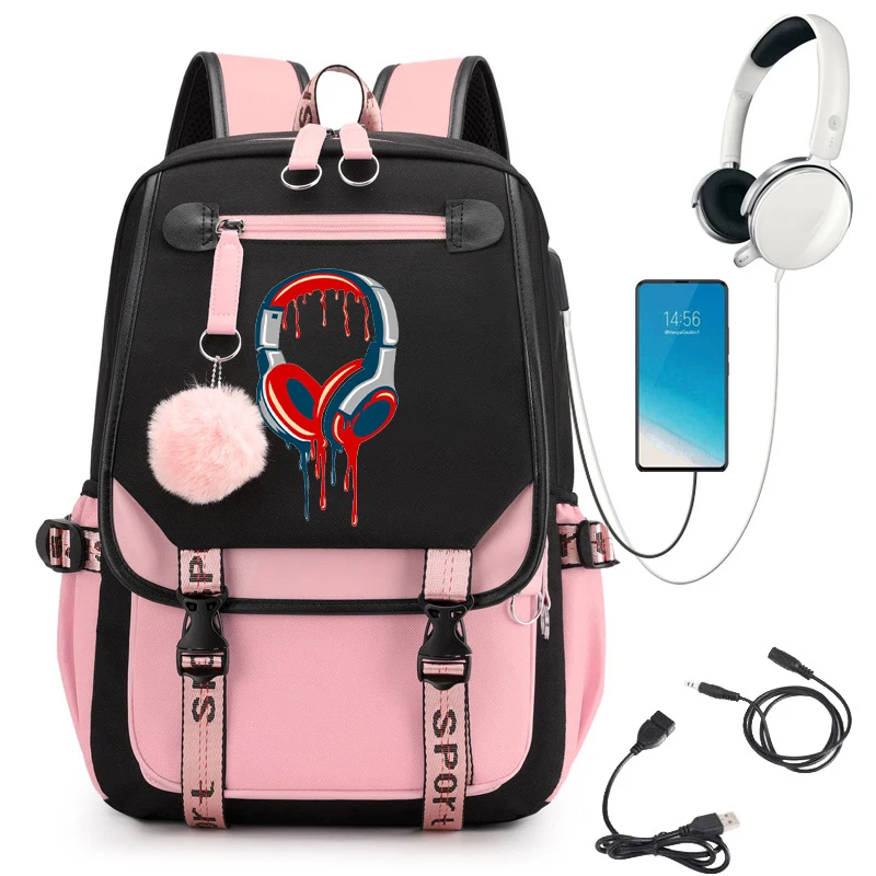 

Rock Headphone Designer Backpack Bags Canvas Women Shoulder Bags Travel Backpacks School Bags for Girls Laptop Bagpack Mochila