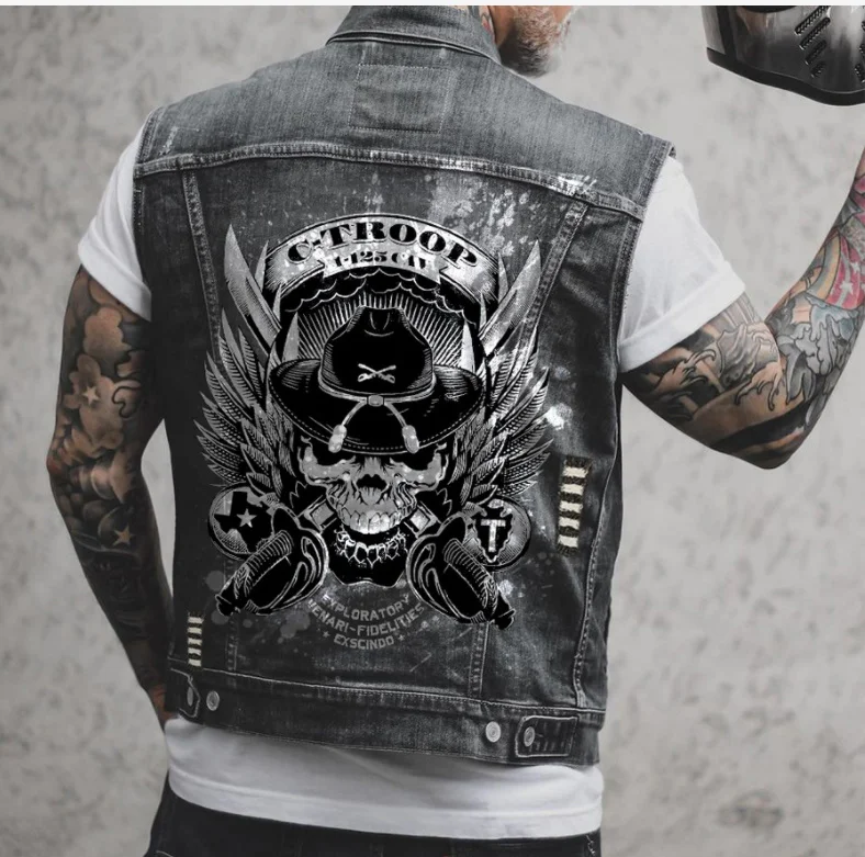 

High Quality Biker Mens Skull Print Motorcycle Denim Vest Vintage Cowboy Waistcoat Punk Rock Hole Casual Cotton Sleevless Jean J