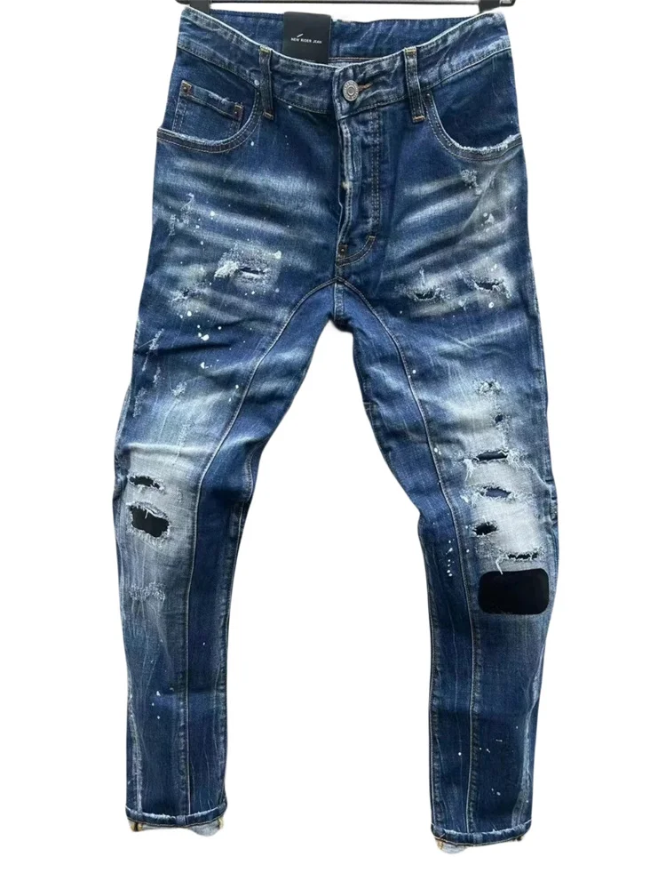 

Новинка 2023, модные брендовые мужские потертые джинсы с дырками и рисунком в стиле ретро, мотоциклетные джинсы