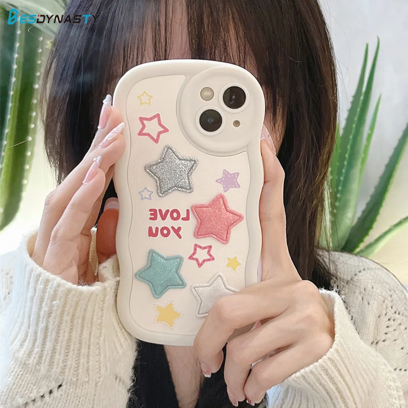 

Роскошный корейский чехол для телефона BESD ярких цветов 3D блестящие звезды волнистый чехол для iPhone 14 13 12 11 Pro Max Kawaii противоударный мягкий чех...