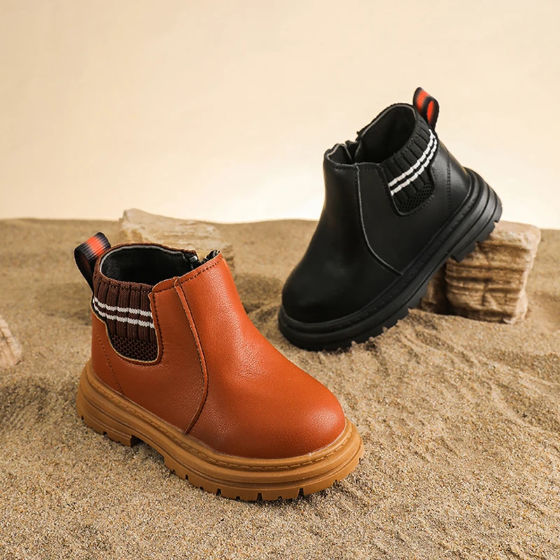 

Knit Collar Chelsea Boots For Boys British Style Thick Sole Zip Ankle Botas Baby Kids Stripe Design Autumn Pu Leather Shoes