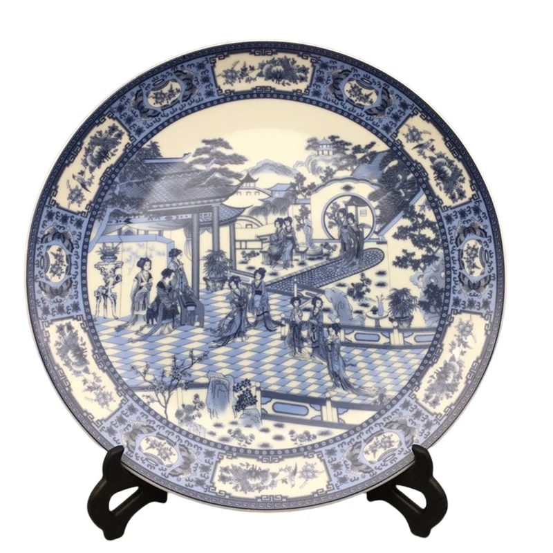 

Chinese Masterpiece Style The Story of the Stone 10.5" Plate in Bule and White Color Design Decoration Plate Porcelain Dish Set
