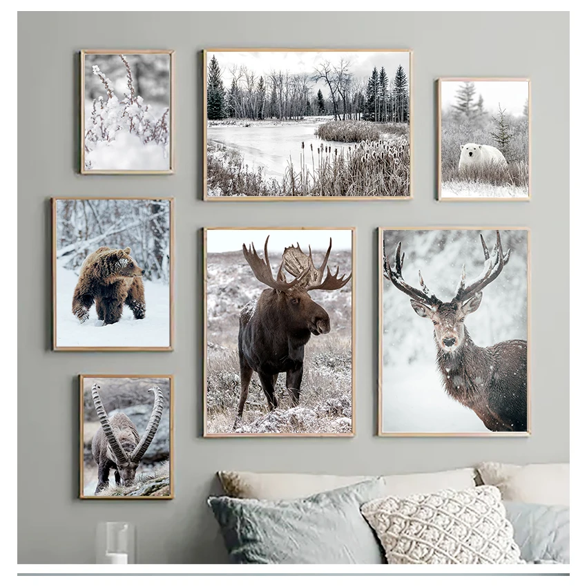 

Картина на холсте с изображением зимнего природного пейзажа, пивной олень, животное, Настенная картина в скандинавском стиле, домашний декор, искусство и печать