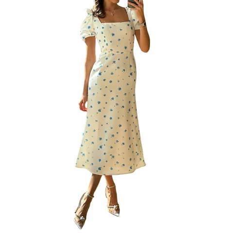 Женское летнее платье-миди с коротким рукавом-фонариком