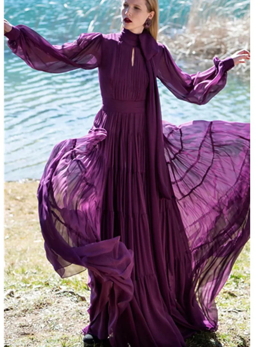 Elegant and Elegant Lace up Collar Large Swing Long Dress Social Celebrity Party Dress Gorgeous Autumn Full Sleeve Prom Dress