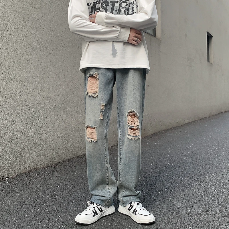 CAAYU 2022 New Baggy Jeans Mens Japanese Streetwear Harajuku Fashion Loose Straight Wide Leg Pants Male Clothing Blue Pants Men