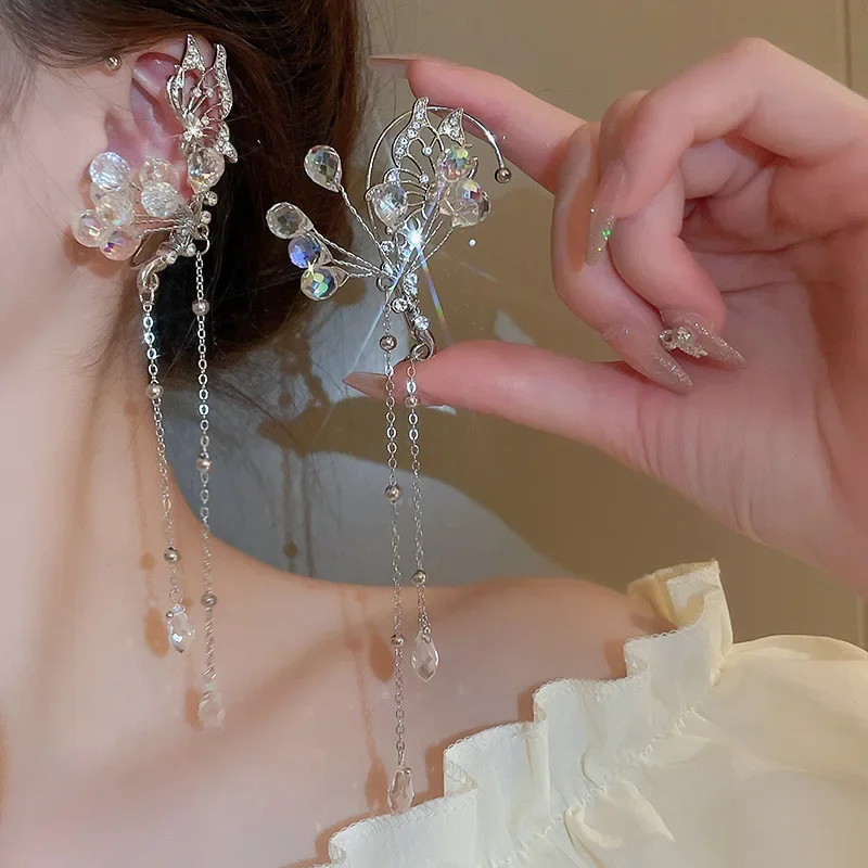 

Light Luxury Rhinestone Crystal Flower Water Drop Tassel Ear Hanging Earrings Without Piercing Fashionable Temperament Jewelry