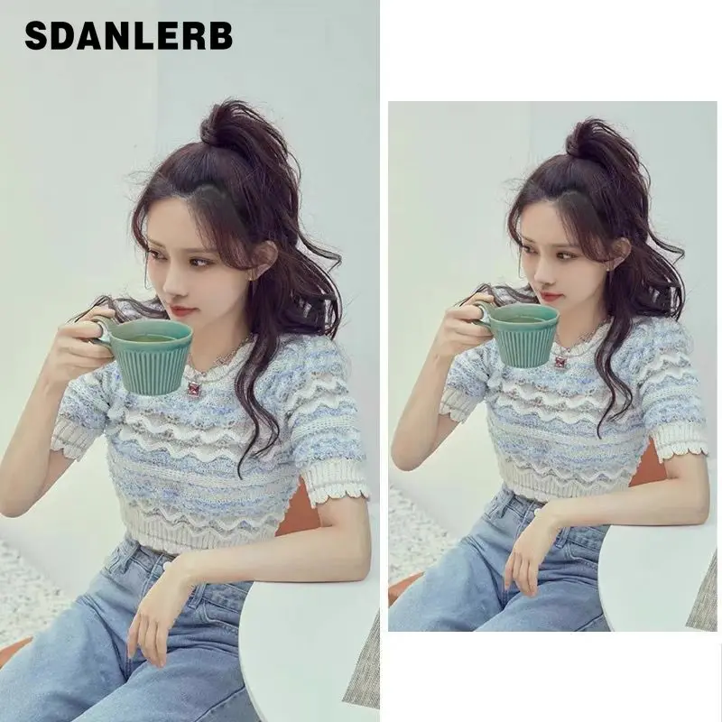 

Short Top for Women 2022 Summer Fresh Western Style Hollow Out Short Sleeve Knitted T-shirt Women's Cren Neck Pullover