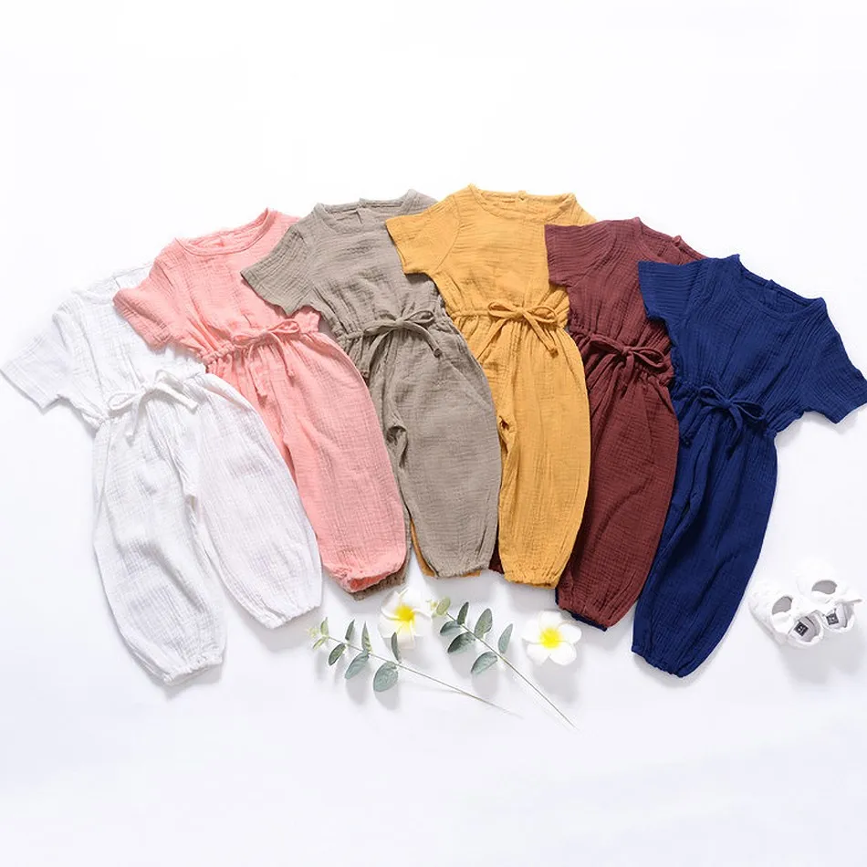 

1-8 Years Summer Girls Rompers Short Sleeve Kids Casual Clothes Baby Jumpsuit with Button Children Fashion Belt Tunic Outfits