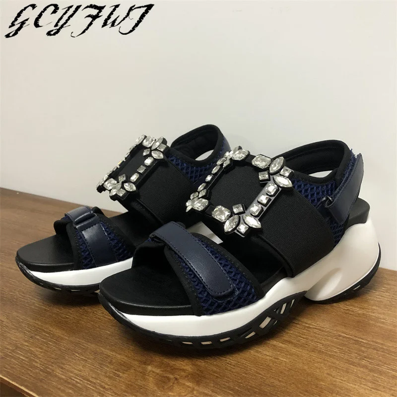 Fashion Crystal Women's Shoes Thick Platform Round Toe Breathable Peep Toe Female Sandals Party Non-Slip Sexy Ladies Footwear