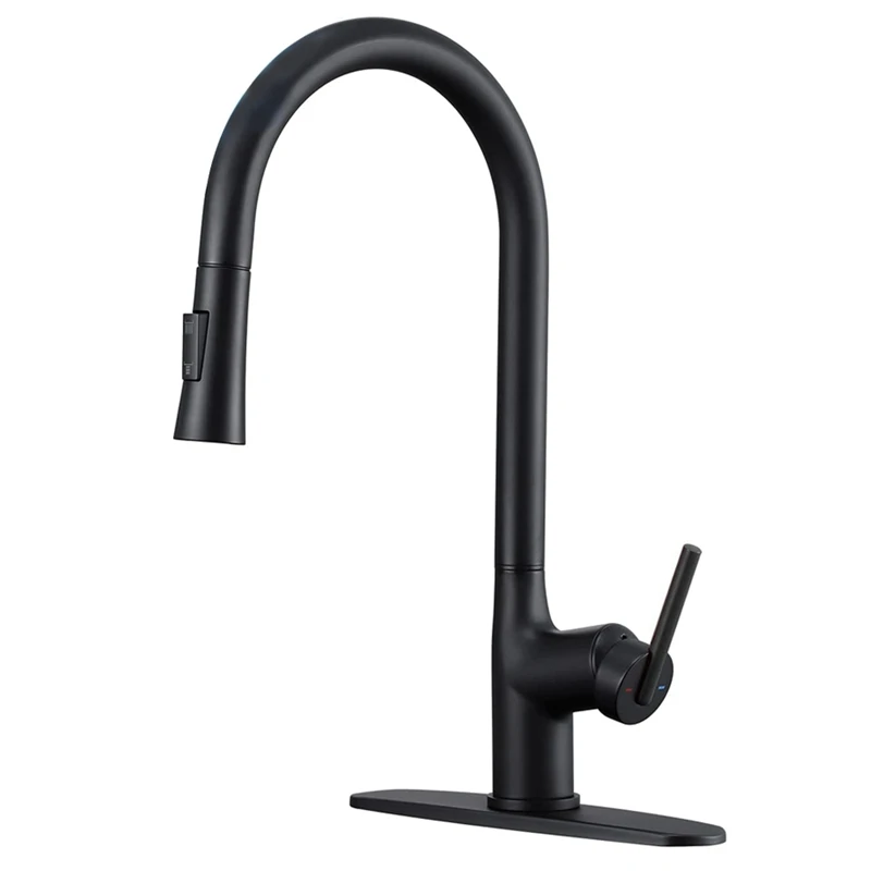 

Contact on Kitchen Faucet with Deck Plate Matte Black Brass Kitchen with Two Water Flow Modes Sprayer Pull Smart Faucet