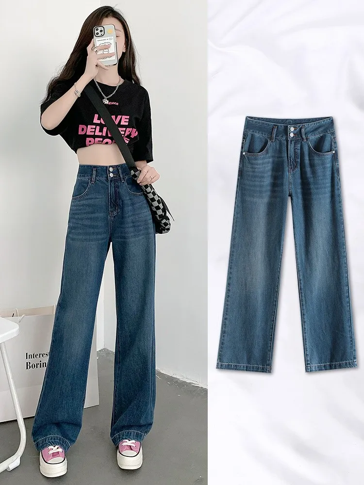 

GUUZYUVIZ Summer Cool Tencel Fabric Wide Leg Jeans Woman Loose Casual Thin Blue