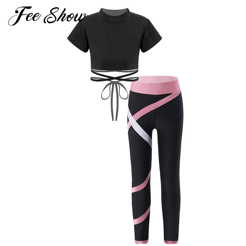 

Спортивный костюм для девочек, комплект для йоги, спортивная одежда для фитнеса, костюм из двух предметов для современных джазовых танцев, у...