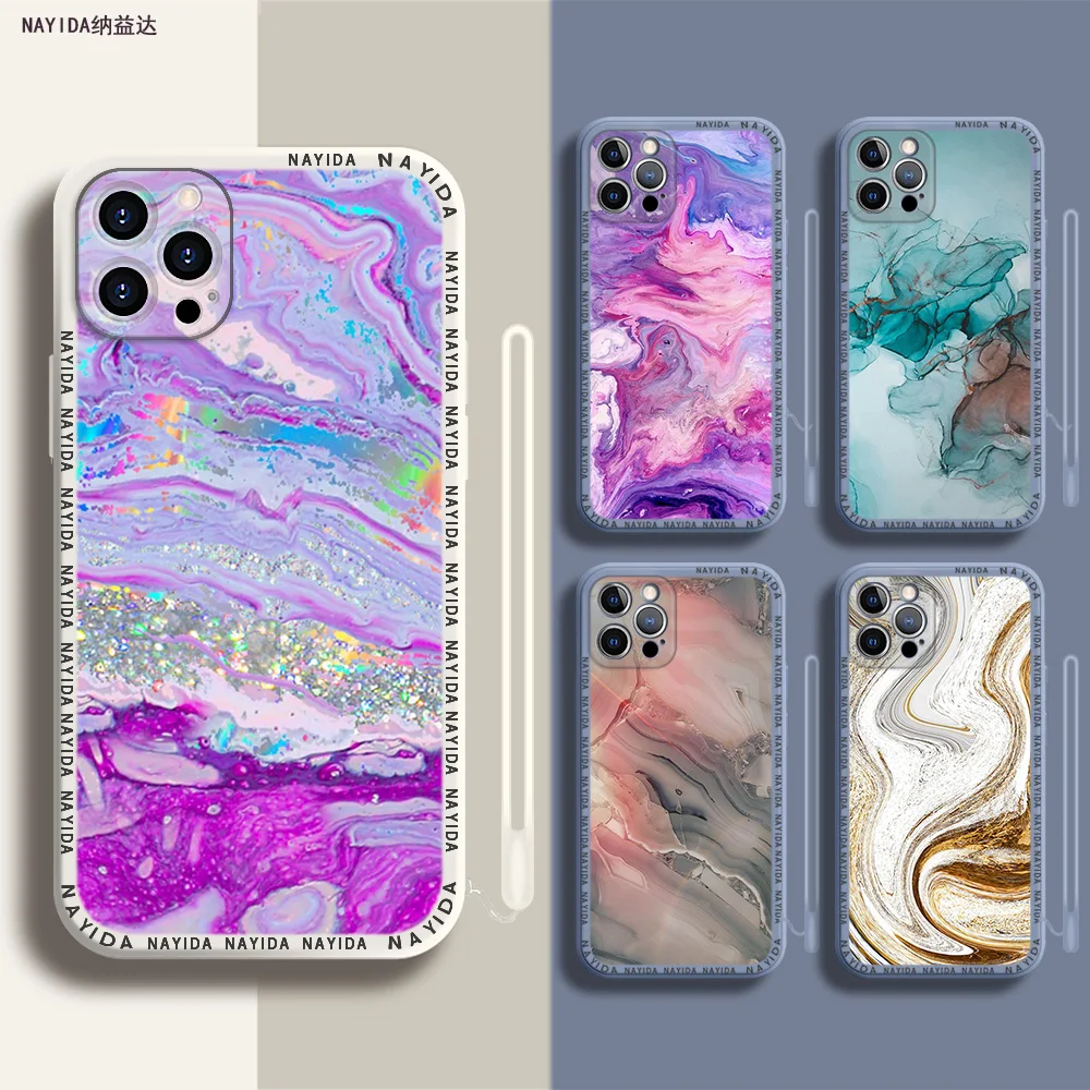 

Soft Silicone Phone Case For iPhone 14 13 11 12 Mini Pro Max XS XR X Blue Lanyard Cover Marble