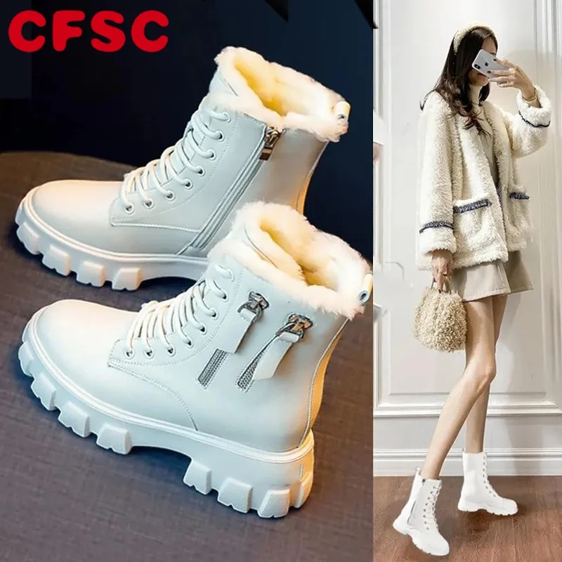 

Rimocy Pu Leather Platform Ankle Boots Women Lace-Up Zipper Thicked Plush Snow Boots Woman Winter Non-Slip Warm Cotton Shoes