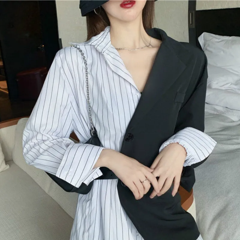 Women Korean Fashion Patchwork Blazers 2021 Spring Autumn Chic Slim Single Breasted Office Lady Suit New Vintage Commute Blazer