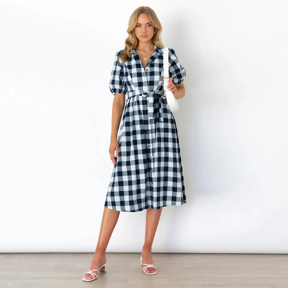 

Summer New Turn-down Collar Plaid Print Midi Dress Women Casual Loose Lace Up Sashes Single Breasted Puff Sleeve Vestidos Female