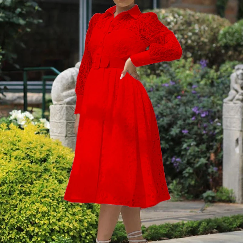 

Women Spring Buttoned Lapel Long Dress With Belt Lady Casual Long Sleeve Pleated A-Line Dress Elegant Solid Patchwork Lace Dress