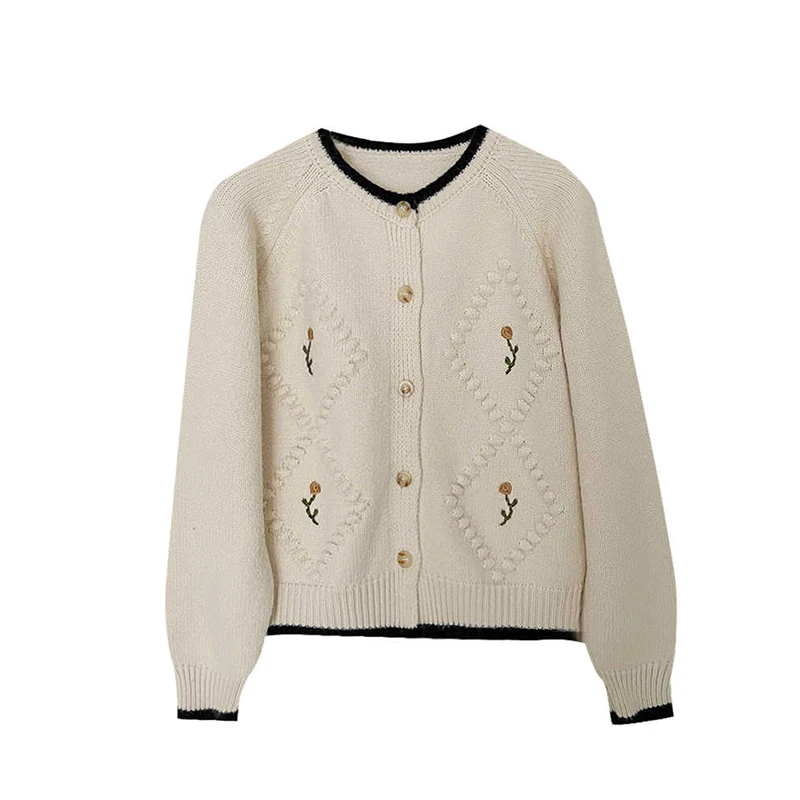 Женский вязаный кардиган с цветочной вышивкой и круглым вырезом