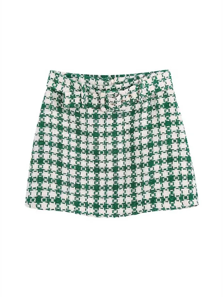 

KUMSVAG 2023 Summer Women Mini Skirts Causal Plaid Belt Zipper Veins Female Fashion Sweet Street A-Line Skirt Clothes