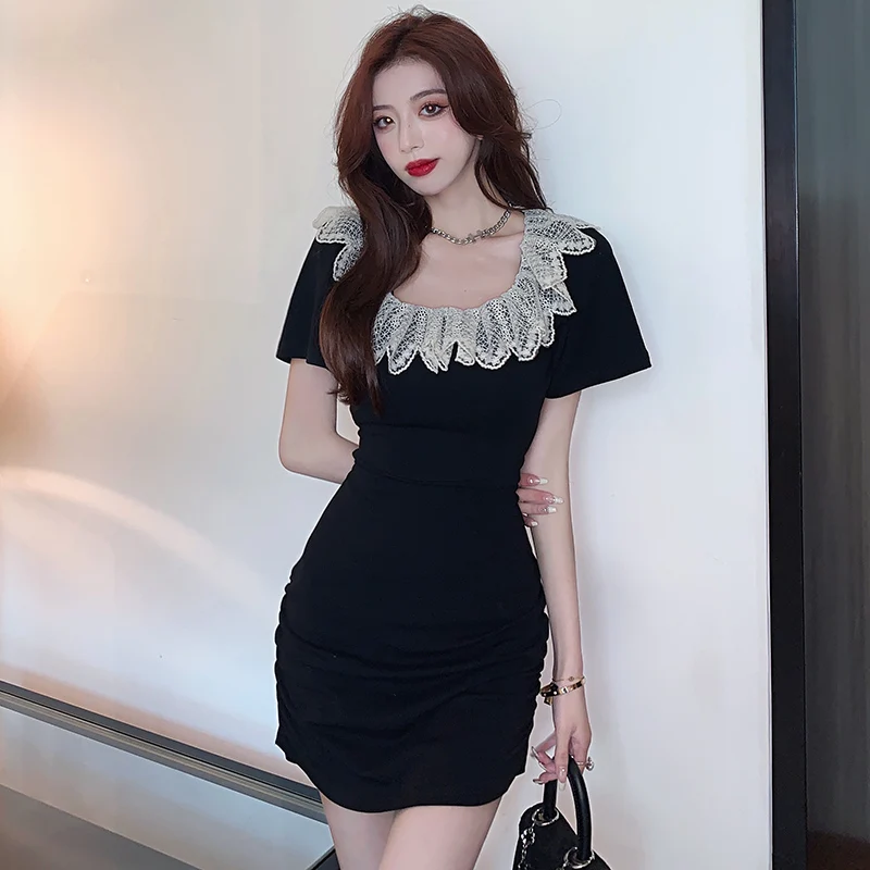 

Slim Lace Splicing O-Neck Dress Female Korean Fashion Short Folds A-Line Black Elegant Dresses For Women 2022 Summer Vestidos