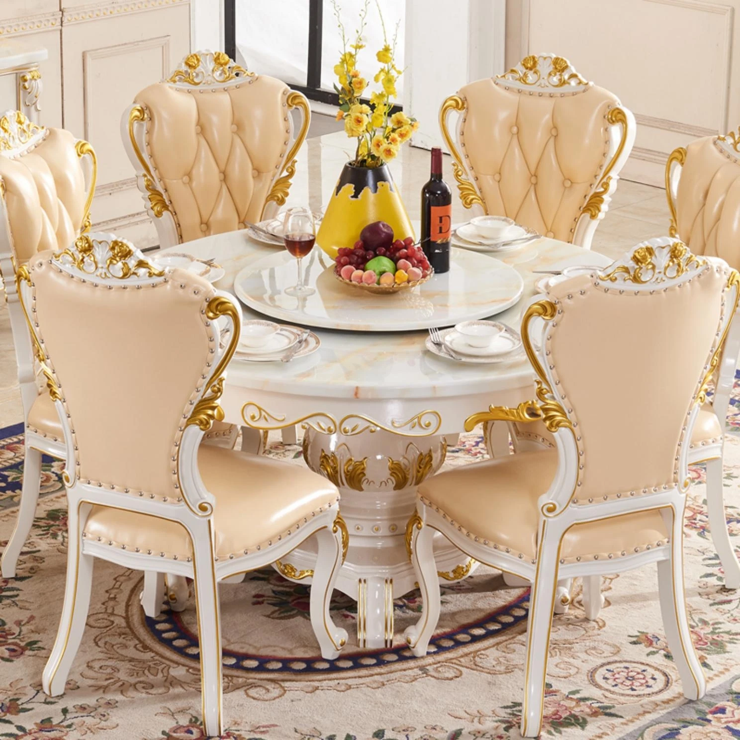 

Dining Table Furniture European-Style Marble All Solid Wood with Turntable Household
