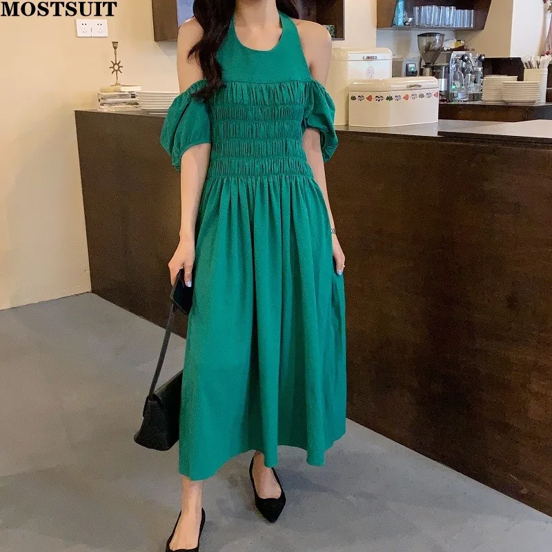 

Summer Korean Stylish Sexy Long Dress Women Shoulder-open Puff Sleeve Elastic Waist Ladies Fashion Chic Female Vestido Femme