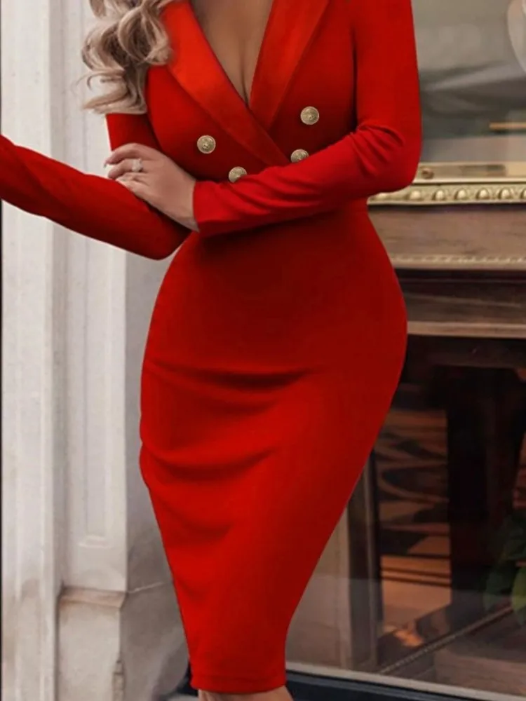 Женское однотонное платье с глубоким v-образным вырезом и длинными рукавами