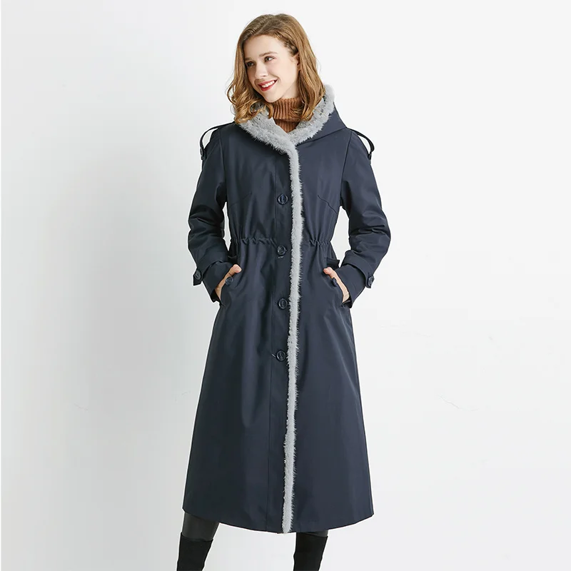 

Trend Winter 2023 Women's Parkas Rex Rabbit Liner s and Jackets Women Mink Fur Collar Long Coat Ladies Overcoat