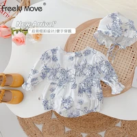 freely move 2022 baby summer clothing newborn infant baby girls o neck bodysuit jumpsuit clothes blue printing outfits