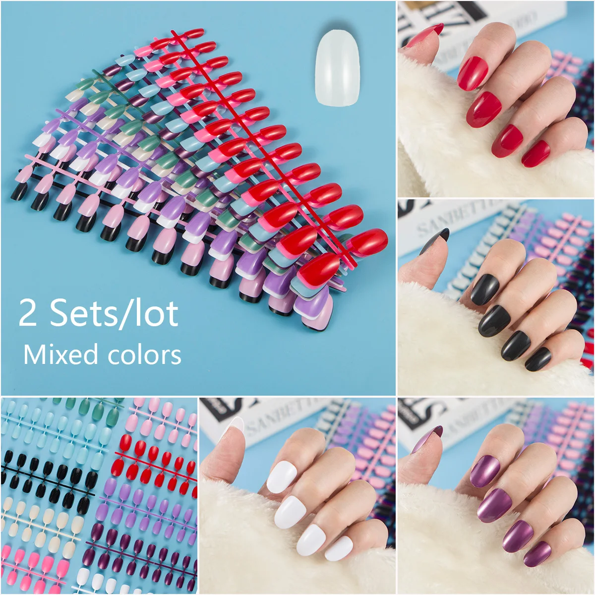 Набор искусственных ногтей короткой круглой формы полного акрила для прессования смешанных цветов, 2 упаковки или больше для экономии на доставке.
