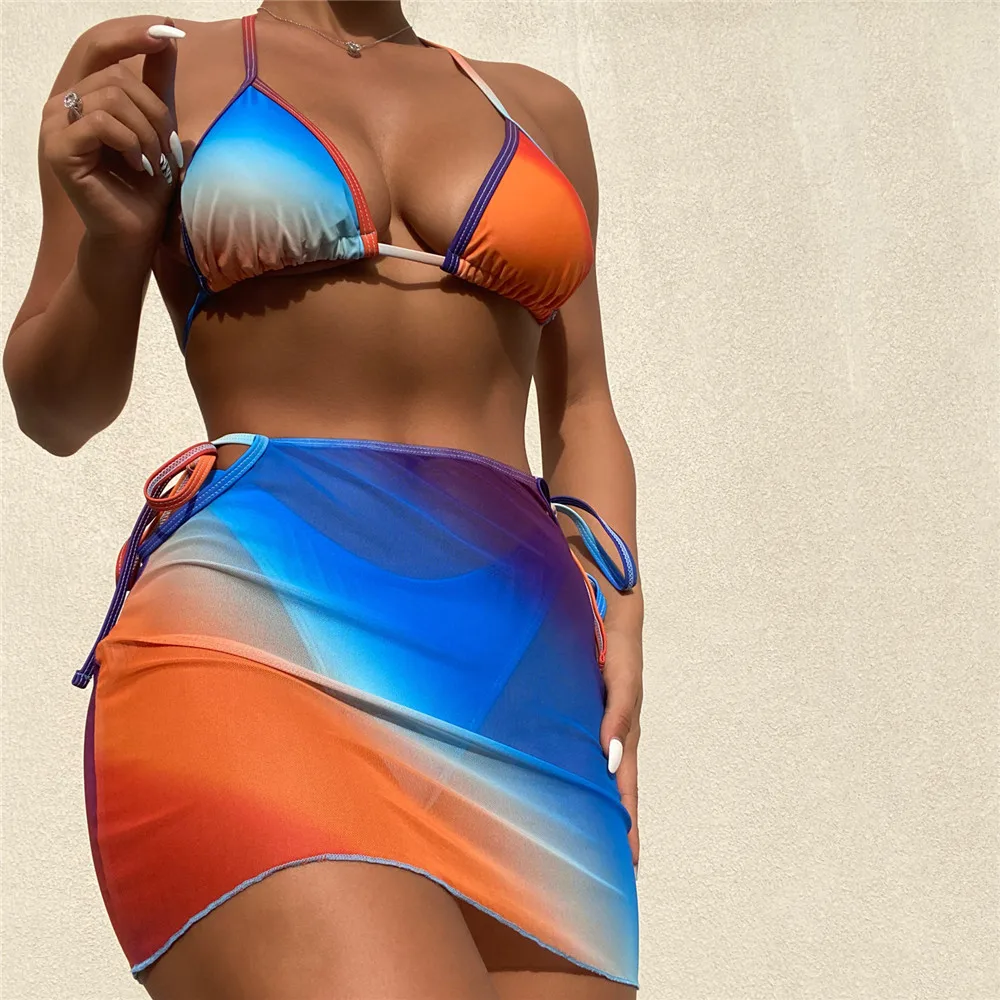 

Gradient Color Sexy Bikini Micro Halter Swimsuits Women Thong Swimwear with Cover-up Beachwear Mini Triangle Bikinis 2022 Mujer