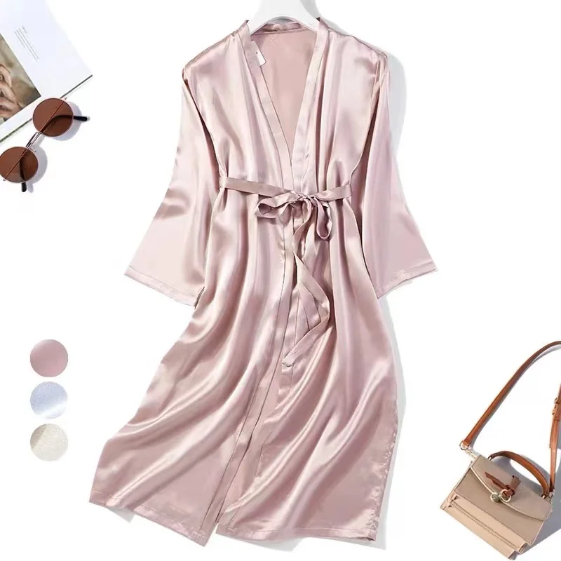 Black And White Mulberry Silk Silk Long Women's Pajamas Spring And Summer Bathrobe Five Sleeve Nightgown Silky Sexy Home Wear