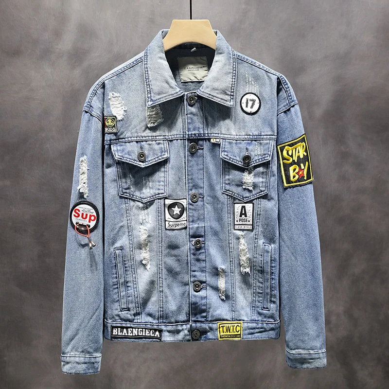 

Men Holes Jean Jackets Light Blue Denim Jackets and Coats High Quality Men Cotton Loose Denim Coats Printing Casual Coats