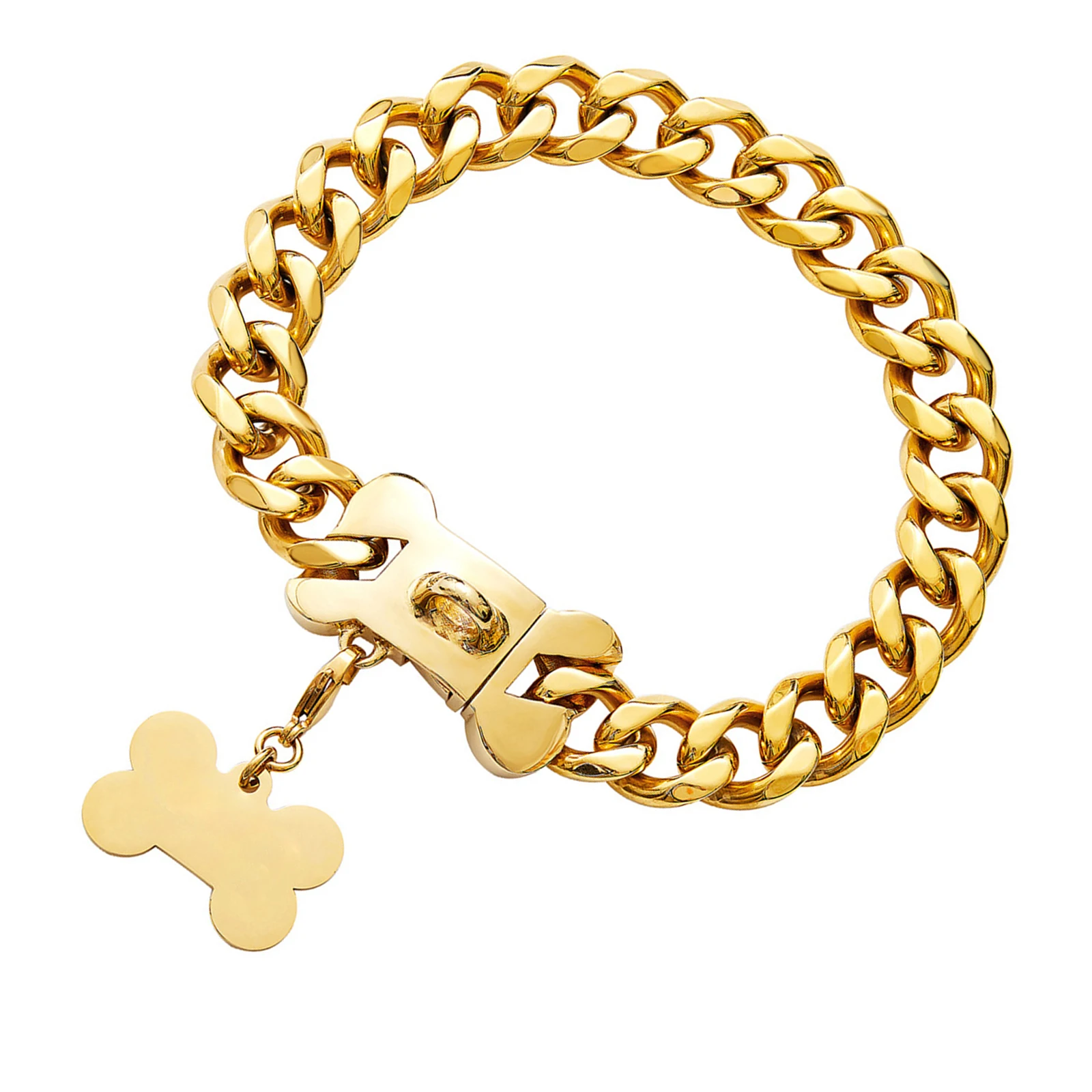 

Gold Dog Collar 19mm Strong Cuban Link Dog Necklace Chain Collar with Bone Shape Buckle and Tag for Small, Medium and Large Dogs