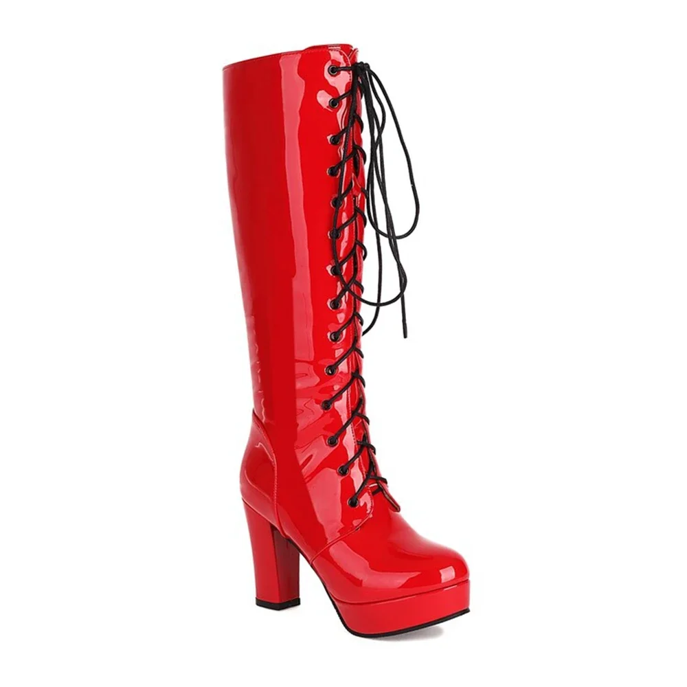 Фото Botas De Mujer Сапоги до колена Женские осенне-зимние сапоги из лакированной кожи на высоком каблуке с завязками через плечо Длинные ботинки на платформе Большой размер48 998-13 №4