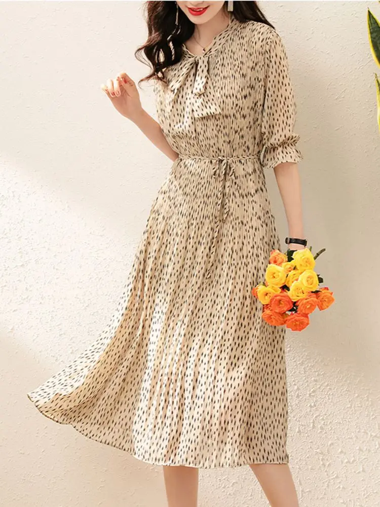 

Summer Women Elegant Loose Print Chiffon A Line Casual Dress Vintage Lace-up Printed Midi Vestidos