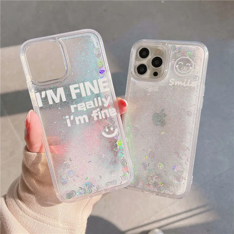 

Cartoon Happy face Glitter Liquid Quicksand Case For iphone 13 12 11 Pro XS max XR SE 6S 7 8 Plus X Cute Transparent Phone Cover