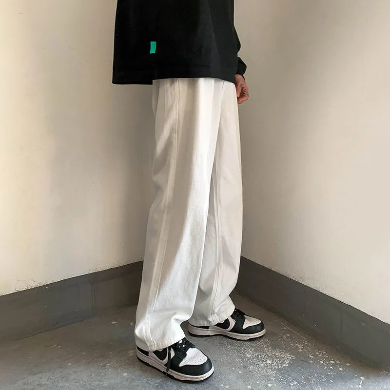 Джинсы мужские с потертостями прямые брюки из денима широкими штанинами в стиле